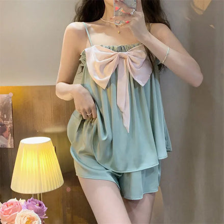 Ladies Girls Lounge Wear Women's Pajama 2 Piece Set Bow Camisole Top and Shorts Sleepwear for Women