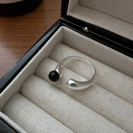 Matte Silver & Black Onyx Ring 925 Sterling Silver Protective Band Minimalist Statement Jewelry Modern Talisman for Women
