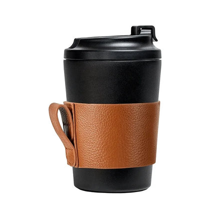 Customized Portable Car Tumbler With Lid Travel Stainless Steel Coffee Mug Removable Leather 12oz Coffee Cup With Sleeve
