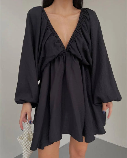 S-XL New V-neck Long Sleeved Dress Short Bubble Sleeved Large Hem Dress