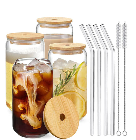 Drinking Glasses with Bamboo Lids and Glass Straw 16oz Can Shaped Cups Beer Glasses Iced Coffee Cute Tumbler Cup
