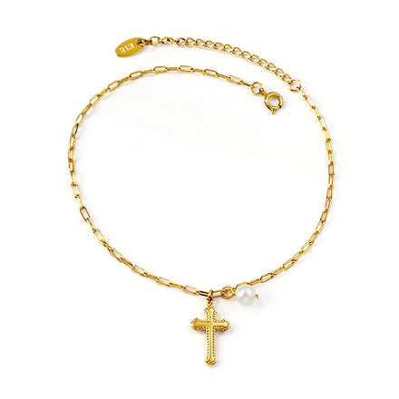 Waterproof Gold Plated 18K Anklet Jewelry Customized Wholesale Stainless Steel Cross Pearl Pendant Anklet for Women Jewelry 2024