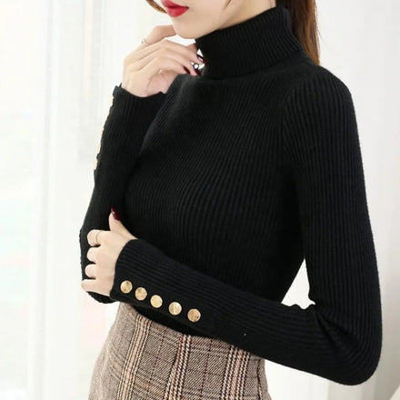 Custom Slim Black Ribbed Turtleneck Sweater for Women High Neck Korean Knitted Long Sleeve Button Top Autumn Casual Thick