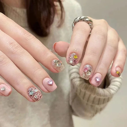 Wine Color False Nail Tips Colorful Flash Glitter Wearable False Nails Short Square Pearl Diamond Press on Nails