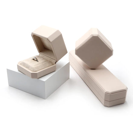 Custom Beige Pu Leather Ring Box Earrings Bracelets Necklace Jewelry Set Packaging Boxes Leather Ring Box