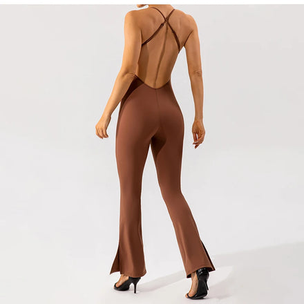 New Adjustable Beautiful Back Jumpsuit High Elasticity Flared Pants Sports Yoga Suit Set Women Elegant Fitness Jumpsuit