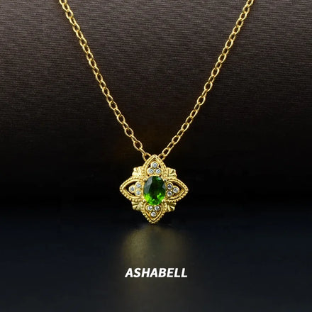 Inlaid Diopside Gemstone Pendant Necklace Women Fine Jewelry Silver Plated Gold Vintage 925 Silver Sterling Silver Rhombus 1 Pcs
