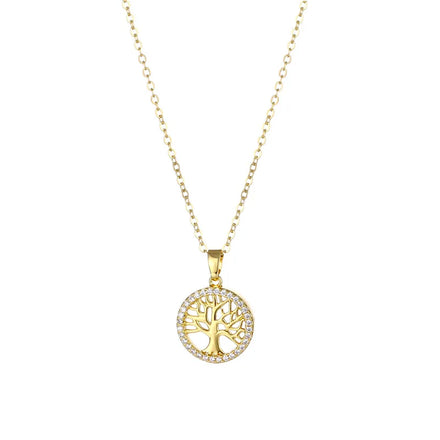 Gold Plated Dainty Necklace Zircon Hollow Life Tree Necklace Stainless Steel Chain Necklace for Women