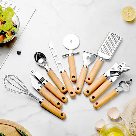 Wooden Handle Eco-Friendly Kitchenware Kit Baking Set with 9-12 Pieces Pizza Cheese Knife and Stainless Steel Whisk