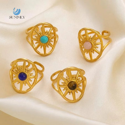 SUMMLY Vintage Wholesale Natural Stone 18K Gold Plated Stainless Steel Ring Premium Sense Fashion Jewelry Manufacturer