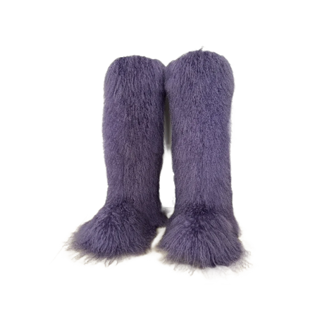 Mongolian Women Knee High Boots Furry Colorful Winter Shoes Warm Flat Casual Non-slip Footwear Real Fur Snow Boots