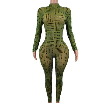 Sexy See Through Crystal Transparent Bodysuit Singer Dancewear Performance Outfits Ladies Romper Women Party Rhinestone Jumpsuit