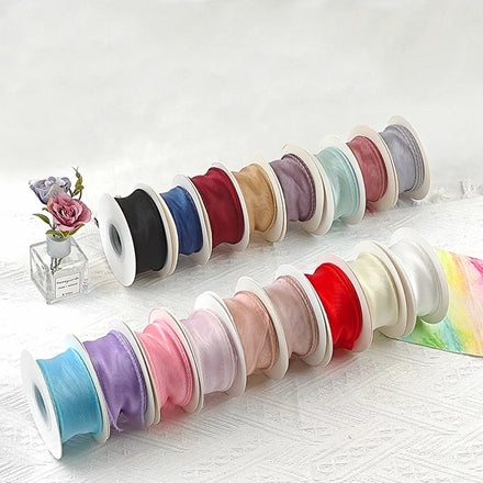 Custom Hologram Sheer Chiffon Polyester White Pink Yellow Organza Ribbon Spool for Wedding Bouquets Wrapping