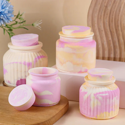 HY DIY Crystal Plaster Concrete Candle Jar Mold Silicone Stripe Cement Vase Mold for Resin Arts with Lids