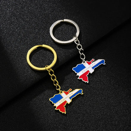 Stainless Steel Dominican Republic Country Flag Map Charm Keychain 18K Gold Plated Dominican Map Pendant Keyring Key Chain