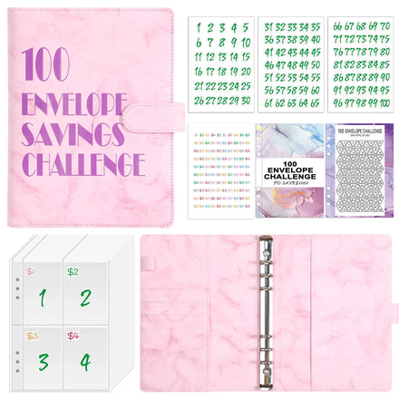 100 Envelope Money Savings Challenge Binder Set A5 PU Leather Students Notebook Marble Budget Binder with Cash Pockets