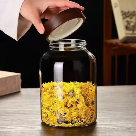 Wholesale Clear Acacia Glass Jar High Borosilicate Kitchen Airtight Canister Coffee Beans Bottle Houseware Wide Mouth Glass Jar