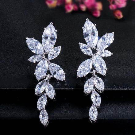 Hot Sale Zirconia CZ Crystal Dangle Drop Earring Shiny Leaf Shape Wedding Bridal Flower Leaves Earrings Jewellery for Women
