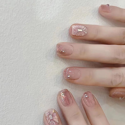 Short Square False Nail Tips Nude Color Butterfly False Nails Wholesale Wearable Press on Nails