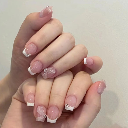 Wholesale 24pcs Premium Press-on French Tips Short Ballet Ribbon Diamond White Edge ABS Material Butterfly Design for Finger