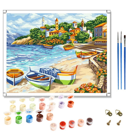 Landscape Painting by Numbers Canvas Art Seaside Houses and Boats DIY Oil Paint by Number Kits Wholesale