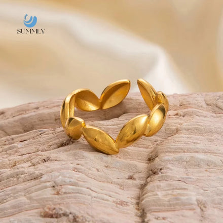SUMMLY Vintage Wholesale Leaf Shape 18K Gold Plated Stainless Steel Open Ring Fashion Jewelry Manufacturer