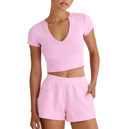 KY Wholesale Cropped T-shirt V-shaped Crew Neck Short Cap Sleeves Elasticated Mid-rise Shorts Boutique Outfits 2Pieces