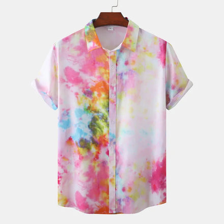RNSHANGER Harajuku Style Men Tie-Dye Shirt Unisex Short Sleeve Shirts Beach Holiday Hawaiian Casual Cardigan Male Shirts