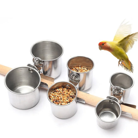Stainless Steel Bowl for Birds Parrot Myna Standing Stand Pole Clip Cup Fixed Feeder Anti-gnawing Double Clip Cup Trough