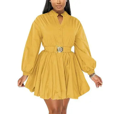 S-2XL New Spring/Summer Solid Standing Neck Half Cardigan Long Sleeved Dress European and American Fashion Waistband Short Dress