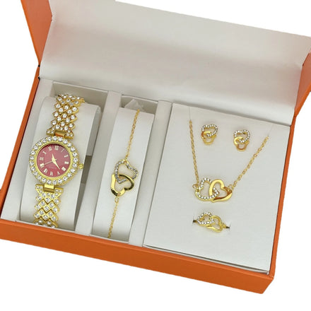 Fashion Watch Set Women's Heart Ring Necklace Earrings Luxury Water Diamond Inlaid Quartz Bracelet Casual Watch Bracelet Set