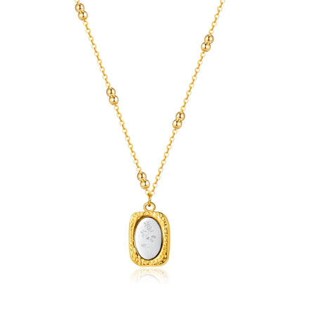 Carved Rose Oval Pendant Stainless Steel Necklace 18K Gold Plated Classic Square Pendant Beaded Chain Necklace for Women