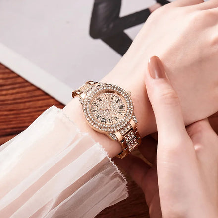 Gold Plated Bracelet Set Watch Quartz Rhinestone Customized Diamond Design Bracelet Wrist Watch for Women Gift