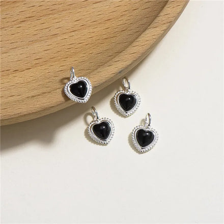 New Style 925 Sterling Silver Imitative Black Onyx Stone Heart Charm for Necklaces Jewelry Making