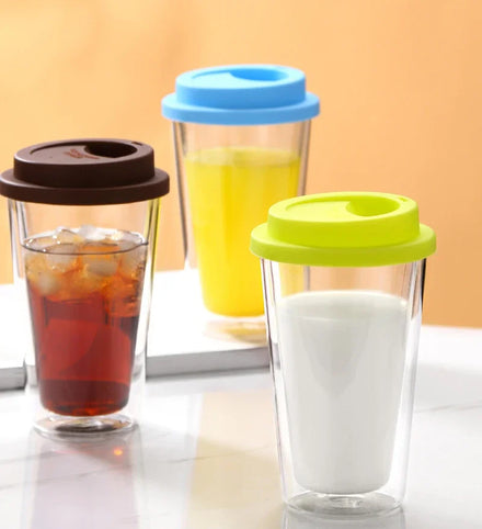 350ml Reusable Travel Coffee Mug Double Layer Insulated Coffee Tumbler Clear Double Wall Glass Coffee Cup with Silicon Lid