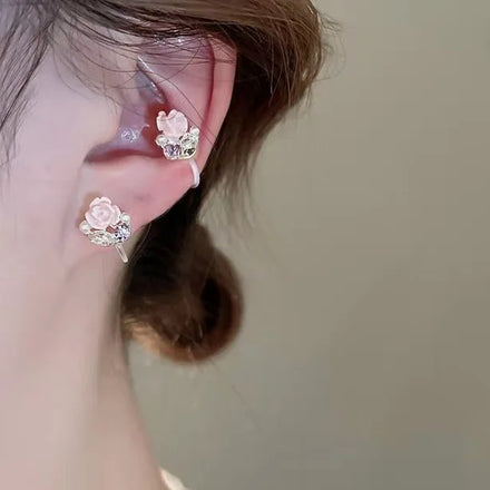 Pearl Flower Diamond No Ear Hole Ear Clip Fashionable Korean High-end Party Flower Ear Cuff Earrings