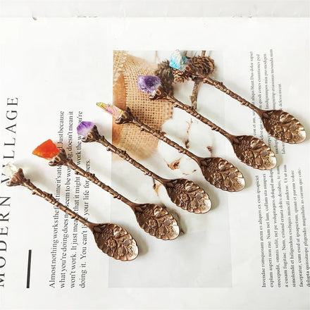 Retro Crystal Antique Alloy Spoon Natural Stone Amethyst Cluster Tea Spoon Stirring Energy Crystal Teaspoon Coffee Spoon