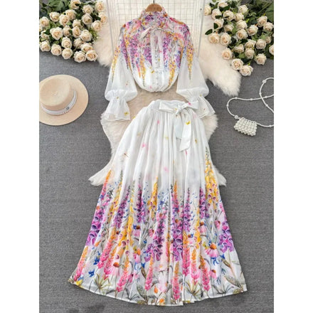 Boutique Wholesale 2026 Summer New Print Temperament Top Flower Pleated Skirt Long Skirt Two-piece Women's Set