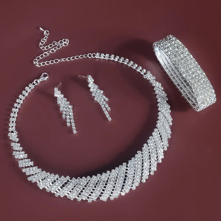 Hot Luxury Full Crystal Bridal Wedding Necklace Earrings Bangles Jewelry Set for Women Silver Color Bride Party Prom Accessories