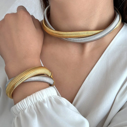 Wholesale Fashion Jewelry Sets 18K Gold Stainless Steel Double Layer Thick Chain Braided Choker Necklace Bracelet Sets for Women