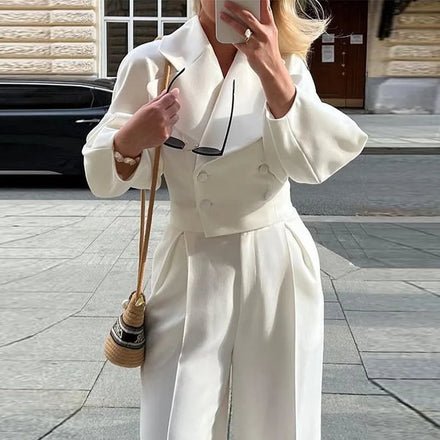 Boutique Wholesale 2026 Autumn New Season Solid Color Flip Collar Waist Waist Slimming Suit Temperament Commuting Women's Set