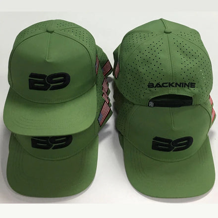 Custom Patch Logo 5 Panel Green Quick Dry Performance Sport Baseball CapLaser Cut Hole Golf Gorras Polyester Rope Dad Hat