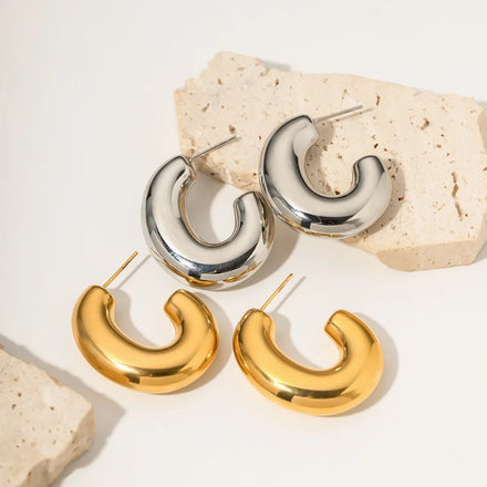 New Hot Selling Chunky Smooth C Shape Earring PVD 18K Stainless Steel Gold Plated Waterproof Hollow Hoop Earring