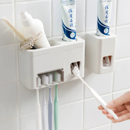 Plastic Toothbrush Holder With Toothpaste Squeezer Non-Toxic Wall  Mount Hanger Dust-Proof Toothpaste Dispenser