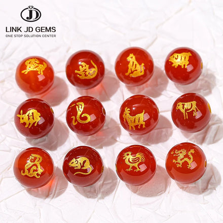 JD GEMS Semi Precious Chinese Traditional Style Gemstone Bead Natural Red Agate CNAS Certified 12 Animals Zodiac Bead Jewelry