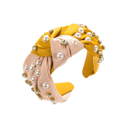 Simple Fashion Satin Knotted Headband for Women Wide Edge Pearl Rhinestone Hairbands