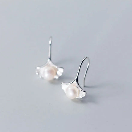 Real 925 Sterling Silver Freshwater Pearl Ginkgo Leaf Earrings for Women Wedding Valentine's Day Jewelry