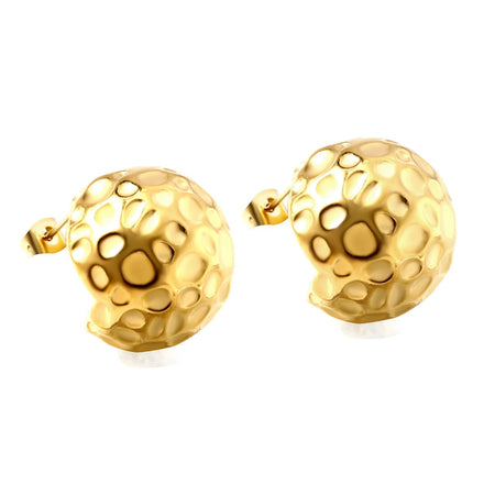 2024 Women's Trendy Gold Hammered Hollow Hemisphere Earrings Hypoallergenic Non-Tarnish Stainless Steel 18K Gold Plated