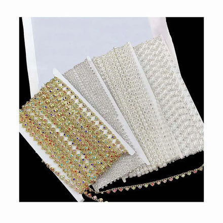 Diy Textile Decorative Acrylic Chain Lace Sewing Costume Dress Hat Embellishment Small Pearl Rhinestones Ribbon Beaded Lace Trim