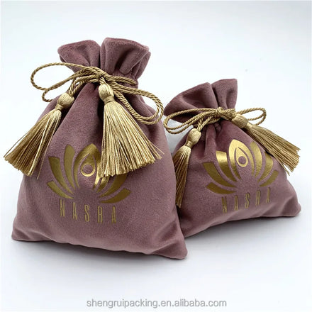 Custom Packaging Velvet Bracelet Bags With Gold Tassels Drawstring Soft Rose Gold Velvet Gift Bags